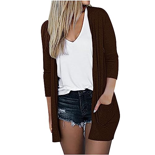 Lightweight Cardigan for Women 2024 Fall Casual Solid Long Sleeve Open Front Cardigans Outwear with Pockets Brown