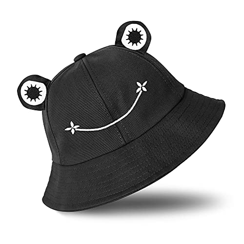 SAOROPEB Frog Hat for Adult Teens, Cute Frog Bucket Hat, Cotton Bucket Hat Funny Hat Fisherman Hat for Men Women Black