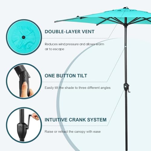 Abba Patio 7.5FT Lyon Outdoor Patio Umbrella Outdoor Table Umbrella with Push Button Tilt and Crank Market Umbrella 6 Sturdy Ribs UV Protection Waterproof for Garden Deck Backyard Pool Light Blue