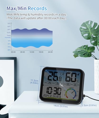 VOCOO Digital Indoor Room Thermometer - 5.8'' Extra Large Display Temperature Humidity Sensor with Accurate Temp Humidity Gauge Monitor, Calibration, Max & Min Records, Comfort, Backlit, Date & Clock