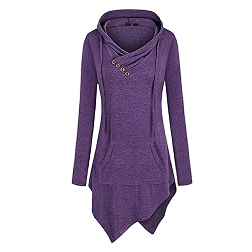 JEsilunmaMY Womens Hoodies Long Sleeve V Neck Irregular Hem Pullover Tops Solid Color Loose Patch Pocket Hooded Sweatshirt (Purple,Small)