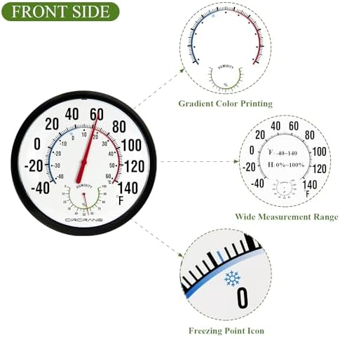 Circrane 13.25 Inch Round Thermometer with Hygrometer, Large Indoor Wall Patio Bimetal Weather Thermometer, No Battery Required, Black