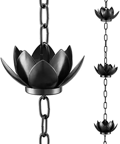 Oak Leaf Rain Chain, Lotus Rain Catcher Chain for Gutters Outside with Adapter, Rain Chain Cups to Replace Gutter Downspout, Divert Water and Home Display, 12 Cups, Adjustable,Black Powder Coated