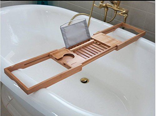 Bamboo Bathtub Tray - Wood Bath Caddy with Book, Phone, or Tablet Rest, Cup Holder, and Extended Sides for Bath Accessories by Home-Complete (Natural)