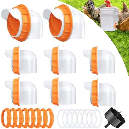 DIY Chicken Feeder No Waste 8 Ports, Automatic 4 inch Poultry Feeder with 8 Pcs Stopper & 1 Hole Saw, Weatherproof Reusable Gravity Chicken Feeder Kits for Buckets, Barrels, Bins, Troughs (Orange)