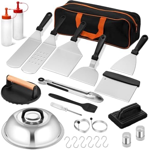 25Pcs Griddle Accessories Kit, Leonyo Flat Top Grill Accessories, Professional Griddle Tools with Enlarged Spatulas, Basting Cover, Metal Scraper, Smash Burger Press for Outdoor Barbecue