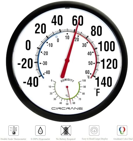 Circrane 13.25 Inch Round Thermometer with Hygrometer, Large Indoor Wall Patio Bimetal Weather Thermometer, No Battery Required, Black