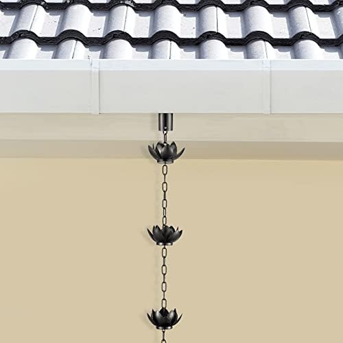 Oak Leaf Rain Chain, Lotus Rain Catcher Chain for Gutters Outside with Adapter, Rain Chain Cups to Replace Gutter Downspout, Divert Water and Home Display, 12 Cups, Adjustable,Black Powder Coated