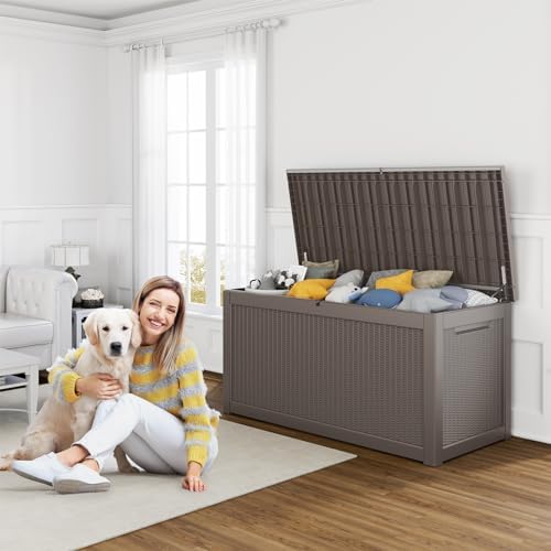 260 Gallon Resin Deck Box, Lockable Patio Outdoor Storage Box for Furniture, Garden Tools and Tools Storage, Waterproof Outside Storage Boxes - Grey