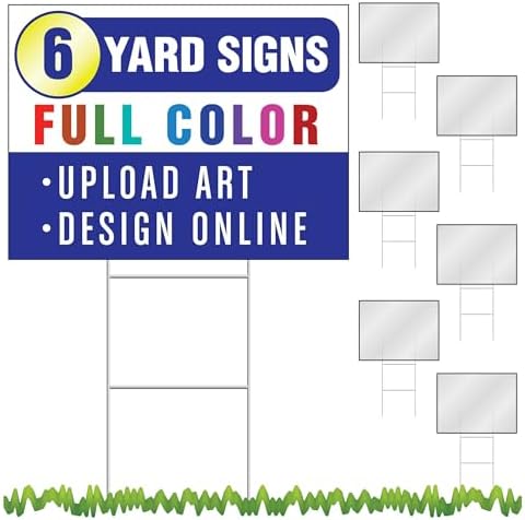 6-Pack of 24x18 Custom Yard Signs with wire H-Frame Stakes, UV Ink Printed Full Color on both Sides of each Sign.