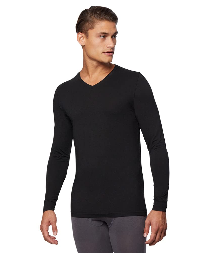 32 Degrees Men's Lightweight Baselayer V-Neck Top | Long Sleeve | Form Fitting | 4-Way Stretch | Thermal, Black, Small