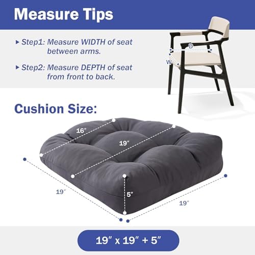 Outdoor Chair Cushions Set of 2, Patio Chair Cushions with Ties, 19x19 Tufted Outdoor Seat Cushions, Waterproof Patio Furniture Cushions, Outdoor Dining Chair Pads, Dark Grey