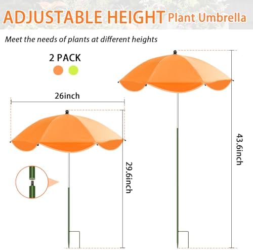2 Pack Plant Umbrellas for Outdoor Plants, 26" Garden Umbrella for Plants with Adjustable Angle, Plant Umbrella Provide Shade for Outdoor Plants Flower Pot Planting Beds (Green, Orange)