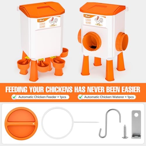 Chicken Feeder and Waterer Set, Chicken Coop Accessories, 3.1 Gallon/24.2 Pounds, Automatic Chick Feeder and Waterer Set No Waste