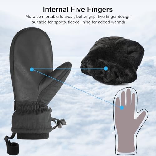 QKURT Ski Mittens, Winter Waterproof Snow Gloves Touchscreen Ski Gloves, Mens Thermal Snow Mittens Winter Cold Weather Gloves for Outdoor Skiing Running Cycling Hiking Snow