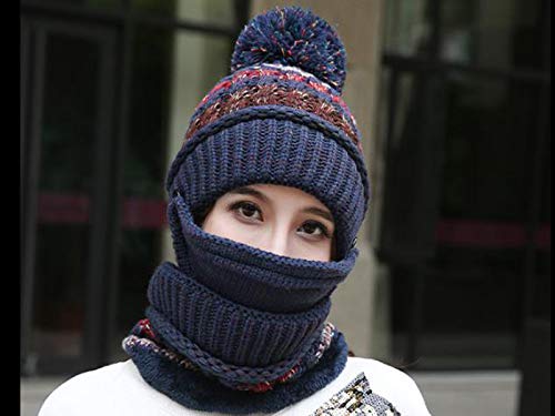 3 in 1 Winter Knitted Beanie Hat Scarf Mouth Face Warmer Set for Women Girls, Thermal Fleece Lined Ski Caps with Pompom Neck Warmer (Fashion Navy Blue)