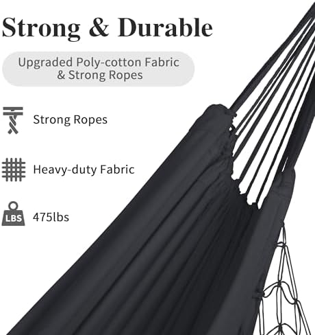 SUNCREAT Extra Large Double Hanging Hammock for Camping, Hammocks for Outside 2 Person Heavy Duty, Dark Gray with Tassels