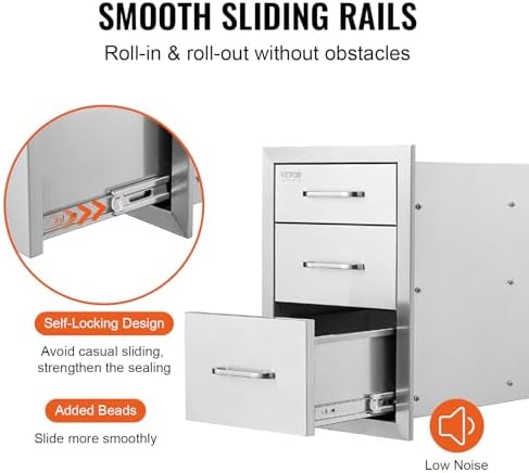 VEVOR 18x23 Inch Outdoor Kitchen Stainless Steel Triple Access BBQ Drawers with Chrome Handle, 18 x 23 x 23 Inch