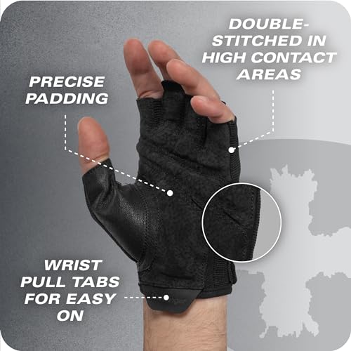 Power Gloves 3.0 - Durable Half Finger Weightlifting Gloves with Adjustable Wrist Closure, Breathable Leather Palm, Men's, Black, Small