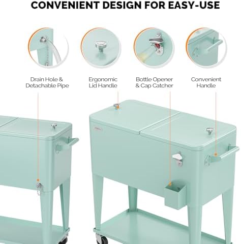 VINGLI 80 Quart Rolling Ice Chest, Portable Patio Party Bar Drink Cooler Cart, with Shelf, Beverage Pool with Bottle Opener