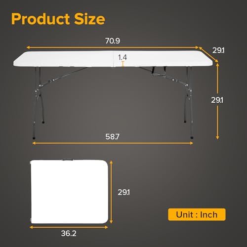 Folding Table 6FT Portable Heavy Duty Plastic Camping Table Foldable Tables Plastic Dining Tables Indoor Outdoor for Camping, Picnic and Party, White