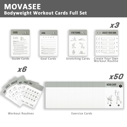 MOVASEE Bodyweight Workout Cards, 62 Exercises Cards Deck Large Size 5" x 3.5" Fitness Cards for Women & Men, Beginner Fitness Guide to Training Exercises at Home or Gym