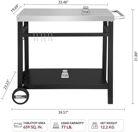 Royal Gourmet Dining Cart Table with Double-Shelf, Movable Stainless Steel Flattop Grill Cart, Hooks, Side Handle, Multifunctional PC3401S (Silver)