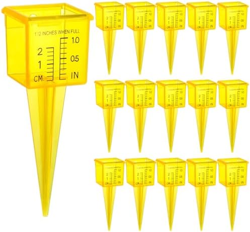 Okllen 15 Pack Rain Gauge, 1.5" Sprinkler Gauge with Wide Mouth, Outdoor Water Measuring Tool for Lawn, Garden, Yard, Bright Yellow, Transparent, Zero is 1/4" from The Bottom