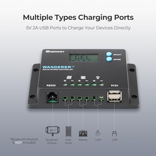 Renogy Wanderer 10A Solar Charge Controller - 12V/24V PWM Auto-Detect, LCD Display, USB & Lithium Support, Waterproof for RV Marine Off-Grid