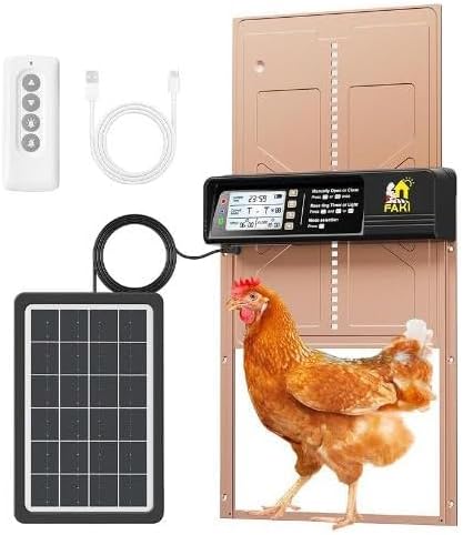 FAKI Automatic Chicken Coop Door Solar Powered with Timer Light Sensor, 2000mAh Battery and 4 Modes, Anti-Pin Brown.