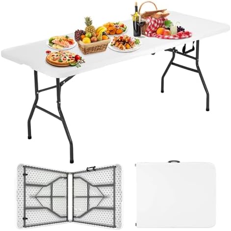 Folding Table 6FT Portable Heavy Duty Plastic Camping Table Foldable Tables Plastic Dining Tables Indoor Outdoor for Camping, Picnic and Party, White