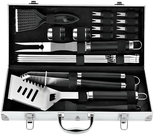ROMANTICIST 20pc Heavy Duty BBQ Grill Tool Set in Case - The Very Best Grill Gift for Father's Day and Christmas - Professional BBQ Accessories Set for Outdoor Cooking Camping Grilling Smoking, Black