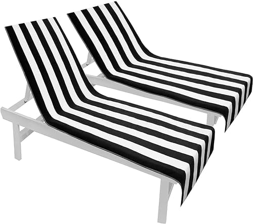COTTON CRAFT Pool Lounge Chair Cover - 2 Pack - Chaise Spa Beach Chair Towel Cover - Cabana Stripe - Soft 100% Ringspun Terry Cotton - Oversized 32 inch Wide x 82 inch Long with 7 inch Pocket – Black