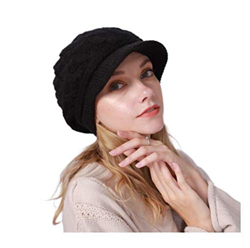 Blufly Winter Hats Cable Knitted Beanie Hat with Visor Beret Ribbed Ski Beanie Cap Slouchy Skull Hat Cap Headwear for Women and Girls (Black)