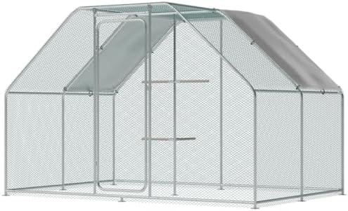 Large Metal Chicken Coop Run with Climbing Frame, Outdoor Walk-in Poultry Cage Flat Top with Waterproof&Anti-UV Cover, for Outdoor Backyard Farm, Silver (118" L x 118" W x 78.7" H)