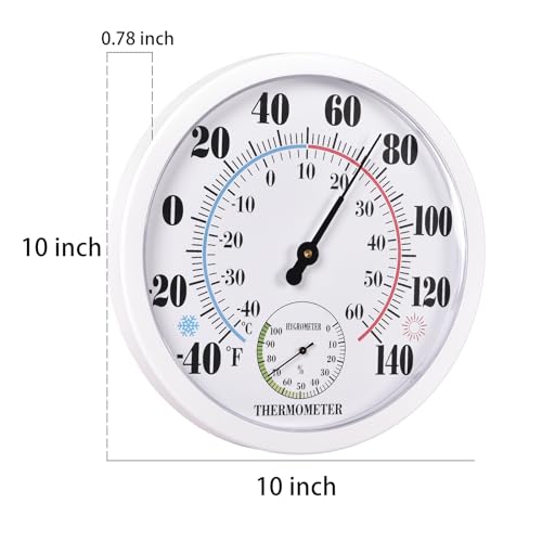 Indoor Outdoor Thermometer Large Waterproof Wall Patio Weather Thermometer No Battery Required Hanging Decor (White)