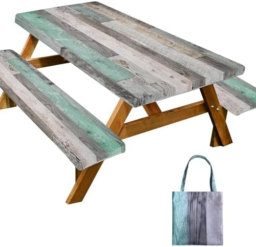 Picnic Table Cover with Bench Covers Farmhouse Waterproof Windproof Fitted Outdoor Tablecloth with Elastic Rectangle Table Cloth Camping Must Haves Rv Accessories,72x30 Inch (Wood Green)