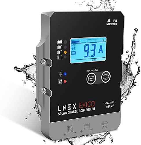 Solar Charge Controller Waterproof, 10A Super Thin Panel Battery Intelligent Regulator With LCD Display 12V/24V PWM Controller for LiFePO4, AGM, Gel, Flooded and Lithium Battery