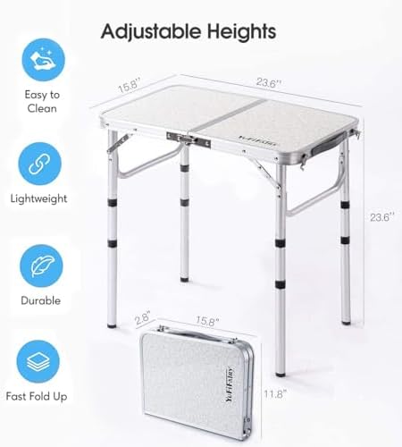 Small Folding Table Portable, 24''L x16''W Foldable Camp Table with 3 Adjustable Height, Indoor Outdoor Lightweight Aluminum for Outdoor Cooking Picnic, (3 Heights)