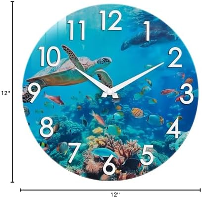 Outdoor Clock Waterproof - Nautical Ocean Decor Indoor Outdoor Wall Clocks for Patio Pool Garden Bathroom Home - Blue 12 Inch Glass, Sea Turtle Underwater Theme