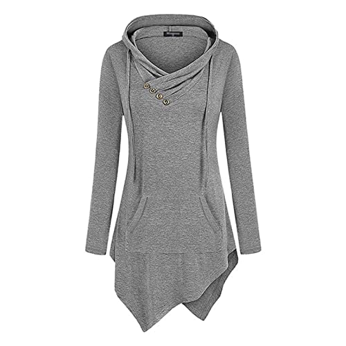 JEsilunmaMY Womens Hoodies Long Sleeve V Neck Irregular Hem Pullover Tops Solid Color Loose Patch Pocket Hooded Sweatshirt (Grey,Small)