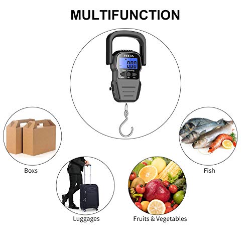 HEETA Fish Scale with Backlit LCD Display, Up to 110lb/50kg Digital Portable Hanging Fish Weight Scale with Hook & Measuring Tape for Home, Farm, Outdoor, Hunting, Fishing, 2 AAA Batteries Included