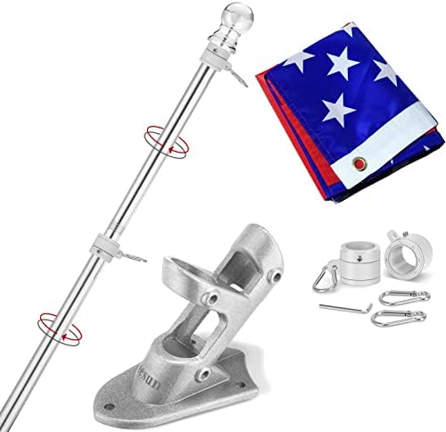 Flag Pole for House with 3x5 American Flag, 6 FT Wall Mount Flag pole with Bracket for Home Porch,Outdoor deco.Residential or Commerical Tangle Free Flag Pole Kit (Silver)