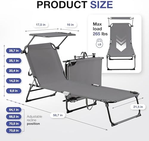 Folding Outdoor Lounge Chair with Canopy - Portable & Adjustable Beach Lounge Chair - 5-Positions, Carry Handles, 600D Fabric, 265 lbs Capacity – Tanning Chaise Lounge for Beach, Patio, Lawn