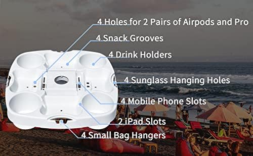 15'' Pro Universal Beach Umbrella Table Tray with Tablet Slots, Earpod Holds, Drink Holders, Snack Grooves, Phone Slots, Sunglasses Holes, Small Bag Hangers for Beach, Swimming Pool (White)