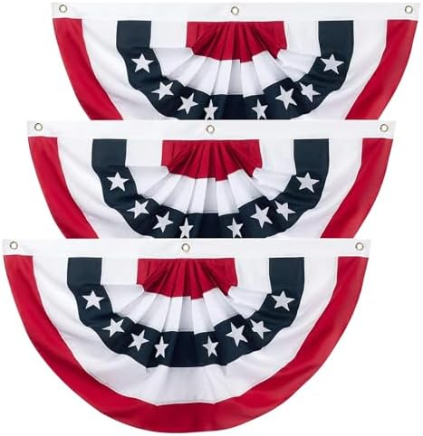 3PCS American Pleated Fan Flag, 3 x 6 Feet USA Patriotic Half Fan Bunting Flag for Outside, Indoor Outdoor Patriotic Decorations for 4th of July Bunting Outdoor, Memorial Day and Veterans Day