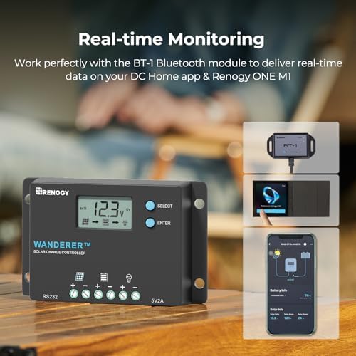 Renogy Wanderer 10A Solar Charge Controller - 12V/24V PWM Auto-Detect, LCD Display, USB & Lithium Support, Waterproof for RV Marine Off-Grid