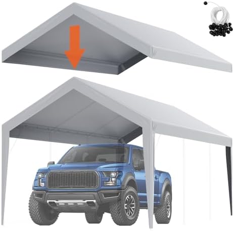 VEVOR Carport Replacement Canopy Cover 10 x 20 ft, Garage Top Tent Shelter Tarp Heavy-Duty Waterproof & UV Protected, Easy Installation with Ball Bungees,Grey (Only Top Cover, Frame Not Include)
