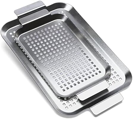 Grill Pan Set of 2, BBQ Grill Topper for Outdoor Grill, Stainless Steel Grilling Baskets with Holes and Handles, Perforated Food Tray Barbecue Accessories for Vegetable, Fish, Meat, Seafood