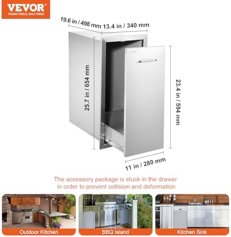 VEVOR Pull Out Trash Drawer 13.4"W x 25.7"H x 19.6"D Lower Sliding Rails Stainless Steel Roll Out Trash Bin Pull Out Tray Outdoor Kitchen Trash Drawer with Handle for BBQ Island Grill Station